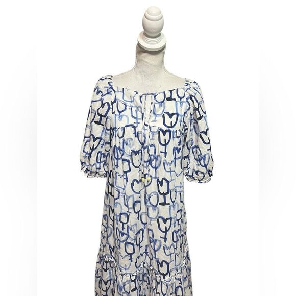 Kerri Rosenthal Joan Midi Dress Waves Artistic Tulip Print Blue White XS - Picture 3 of 6